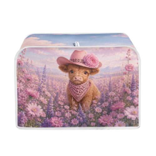 Image of Talayituse Lavender Daisy Highland Cattle Print 2 Slice Toaster Dust Covers Kitchen Small Appliance Cover, Stain Resistant Dust Protection Bread Machine Cover with Top Handle, S