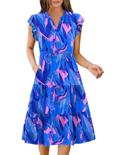 Image of ZEAGOO Womens Summer Casual Dresses Ruffle Sleeve V Neck Midi Dress Flowy Tiered Dress with Pockets Boho Sundresses