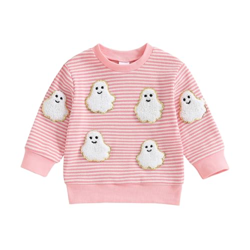 Image of Toddler Baby Boy Girl Halloween Outfit Pumpkin Sweatshirts Long Sleeve Crewneck Pullover Kids Fall Winter Clothes (Pink, 18-24 Months)