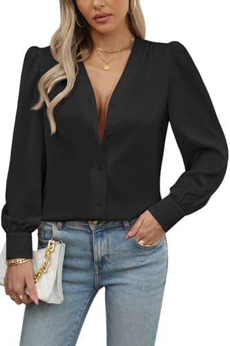 Chemisier décontracté manches longues satin noir col V taille S femme