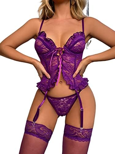 WDIRARA Women’s 3 Pieces Floral Lace Frill Trim Underwire Lingerie Set with Stocking