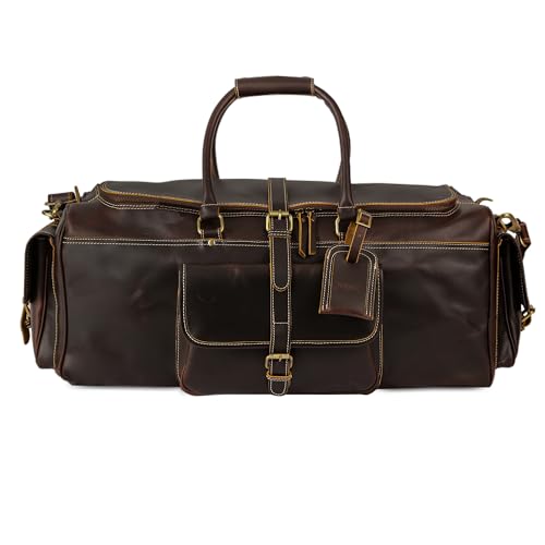 Genuine Leather Duffle Bag for Men & Women – 21 Inch Travel Weekender Overnight Bag with U-Zip Closure, Trolley Sleeve, Adjustable Strap & Multiple Pockets3