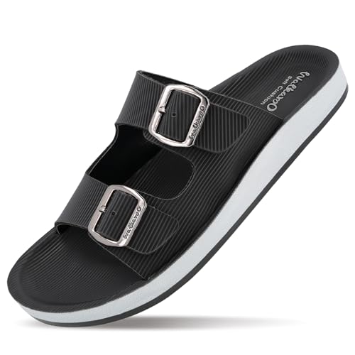 Image of WALKAROO Men's Double Buckle Slide Sandals with Adjustable Straps, Textured Linx Design, Soft Cushion Footbed, Lightweight PU Sole, Daily Wear Sandals- WE1333 Linx Black