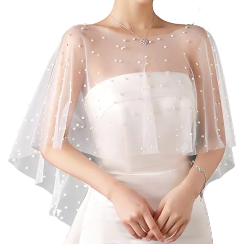 NICENEEDED Wedding Bridal Shawl, White Faux Pearl Cloaks, Soft Tulle Capelet Beaded Cover Up, Evening Dress Shawl Prom Party Accessories for Women