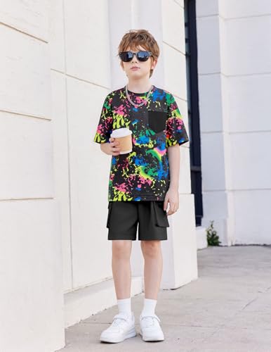 Image of Arshiner Boys' 2-Piece Cotton Outfit Short Sleeve Crewneck T-Shirt & Cargo Shorts Set Summer Casual Clothes for Kids 5-13