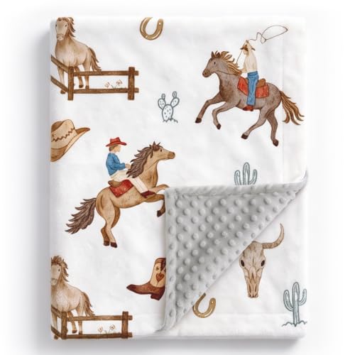 Image of HOMRITAR Cowboy Baby Blanket for Boys Double Layer Dotted Backing | Soft Lightweight Minky Farm Blanket for Infant Toddler Outdoors Stroller Nursery Crib Shower Gifts 30 x 40 Inch