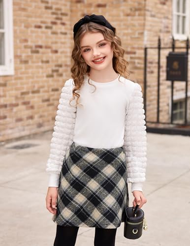 Image of Arshiner Girls Puff Long Sleeve Shirts Ribbed Knit Cute Casual Crewneck Tops Blouse Tee