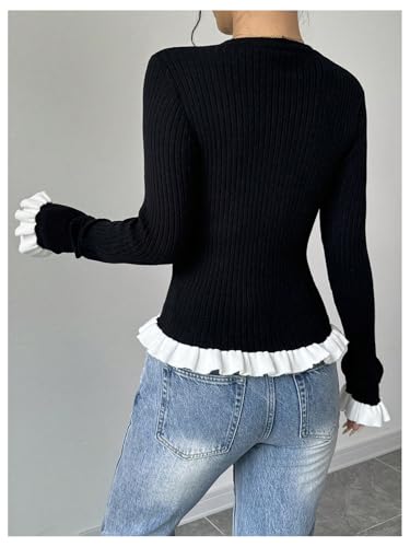 MakeMeChic Women's Button Down Cardigan Sweaters V Neck Blouse Lace Long Sleeve Knitted Sweater2