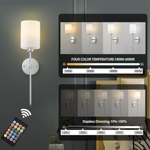Image of Battery Operated Wall Sconces Set of Two, with Remote Control, Dimmable, 4 Color Temperatures, RGB, Timer, Wireless Rechargeable Wall Light for Living Room, Bedroom, Fireplace, 23.6 Inch, Chrome