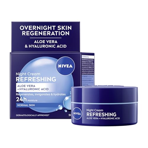 NIVEA Feuchtigkeitsspendende Nachtcreme (50 ml), 24 Stunden über Nacht Feuchtigkeitscreme für normale Haut, Mit Pro Vitamin B5 und Vitamin E für eine verbesserte Hautpflege bei Nacht
