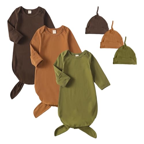 Image of OPAWO Newborn Baby Knotted Gowns with Mitten Cuffs and Hat Baby Sleeper Gowns Coming Home Outfit for Baby Boy Girl 0-6 Months