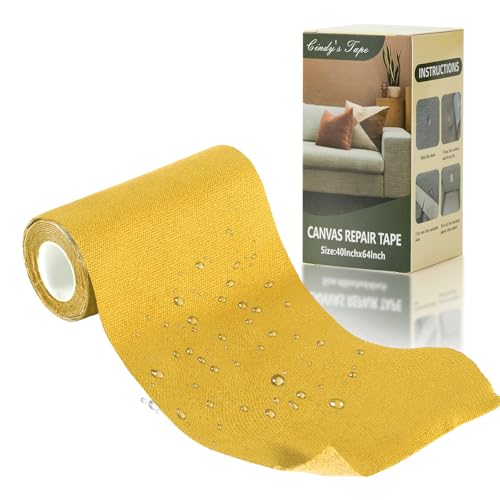 Image of Linen Canvas Repair Tape, 4 inch x 63 inch Yellow Waterproof Self-Adhesive Patch for Outdoor Gear, Durable and Weatherproof Fabric Tape for Boat Covers, Tents, Sofas, Sun Shades, Awnings, and Lounge Chairs