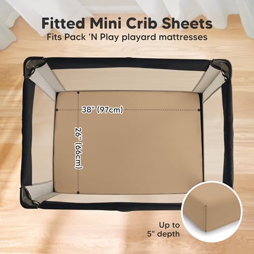 Image of 2 Pack and Play Sheets, Waterproof Mini Crib Sheets Fitted - 38x26 Organic Cotton Pack N Play Sheets for Graco Pack and Play Mattress, Playard Baby Crib Sheets, Neutral for Boy, Girl, Toddler (Pecan)