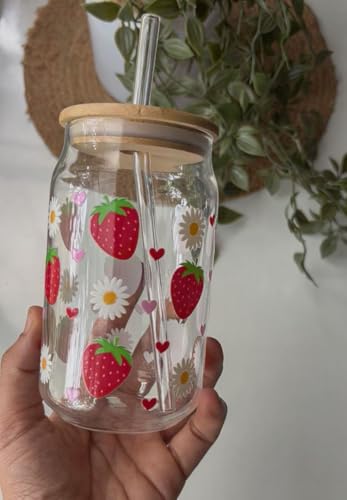 Image of THE UMBRELLA STORE Glass Tumbler Bamboo Lid and Straw, Coffee Tumbler, Reusable Glass (Strawberry)