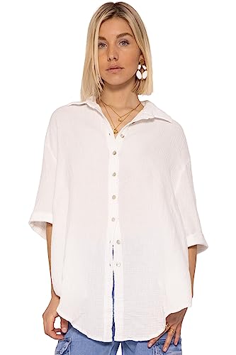 SASSYCLASSY Oversize Musselin Bluse Damen Kurzarm in Weiß - Sommer...