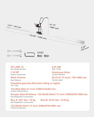 VEVOR Concrete Power Screed, 12 ft Aluminum Board Straight Edge Bar Set, 4 Stroke Cement Finishing Vibrating Motor with Height Adjustable Handles, High Efficient Concrete Tool 6500RPM - Image 7