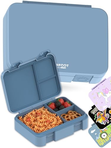 Image of BEARFOOT Kids Lunch Box with Compartments - Compact & Lightweight | Leak-Proof, BPA-Free, Dishwasher Safe | Hand-Drawn Design for Preschool, School, Travel (Blue, 4 Cups)