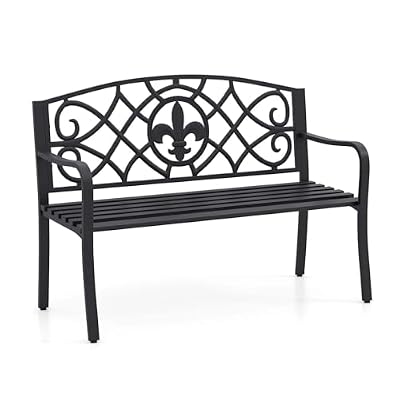 GIANTEX 50.5" Metal Outdoor Bench, Floral Design Cast Iron Backrest