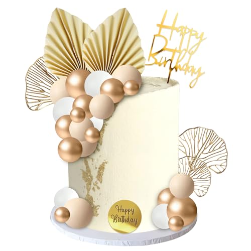 Boho Decoração para bolos de aniversário, 30 peças Happy Birthday Cake Topper, decoração bolo de bola para decoração de bolo folhas de palma dourada para aniversários, casamentos, Baby Showers
