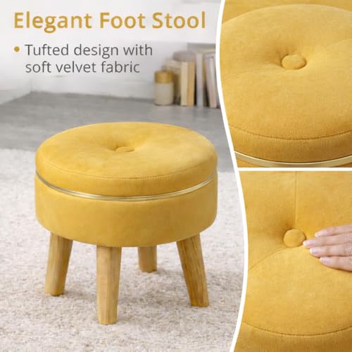 Image of Ottoman Stool for Living Room Foot Rest | Velvet Small Ottoman Foot Stool | Solid Wood Legs | Footstool Puffy for Home, Bedroom & Makeup Table | 30 x 30 cm (12 x 12 Inch) | Yellow