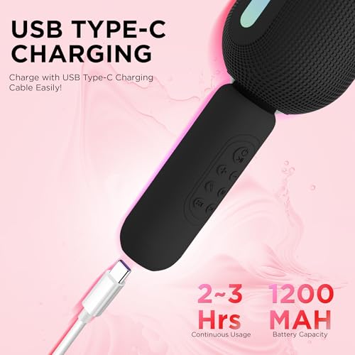 Image of Wireless Bluetooth Karaoke Mic with 5W Speaker,Upto 3-Hour Playtime, Dynamic RGB Lights, Music Recording, Duet Singing, Mini Karaoke Machine for Car Travel, Fast Charging (Black)