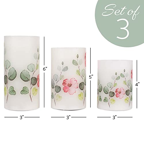 Image of Elanze Designs Floral Pink and Green 6 inch Wax LED Flameless Pillar Candles Set of 3