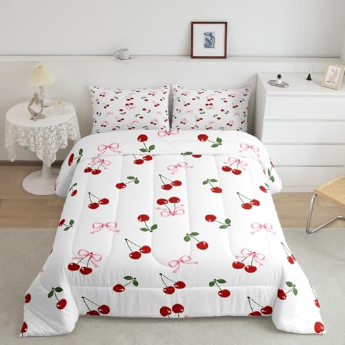 Image of Feelyou Cute Bows Cherry Bedding Set Queen Size Kids Watercolor Bow Comforter Set for Boys Girls Teens Summer Fruit Duvet Quilt Breathable Soft Lightweight Microfiber Bowknot Room Decor