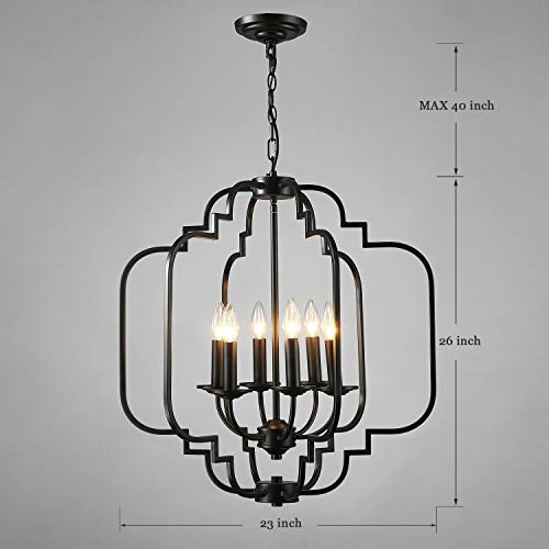 Saint Mossi Black Farmhouse Chandelier with 6 Lights,Lantern Metal Pendant Lighting for Dining Room,Living Room,Kitchen,Foyer,W23"x H26" with Adjustable Chain - Thumbnail 2