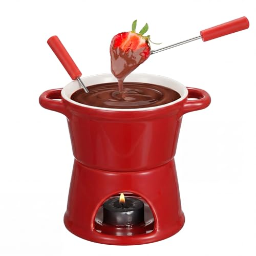 BSTKEY Juego de calentador de mantequilla de cerámica para fondue de queso con 2 tenedores, olla pequeña de chocolate y caramelo de 300 ml, juego de fondue de leche, calentador de velas de té (rojo)