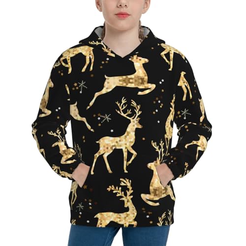 Christmas Gold Deers Kids Pullover Hoodies Boys Sweatshirts Girls Athletic Clothes with Pocket