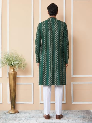 Image of See Designs Men's Long Sleeve Mandarin Collar Side Slit Embroidered Thread Work Sequinned Chanderi Silk Straight Kurta with Pyjama
