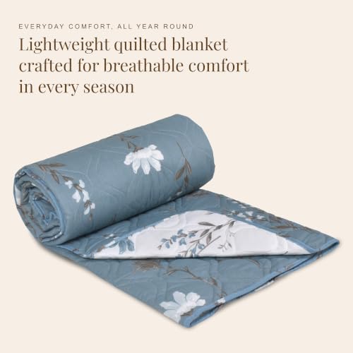 Image of HUESLAND Reversible AC Quilt Blanket Single Bed | 100% Cotton Quilted Shell, Super Soft 120 GSM Microfibre Wadding | Lightweight Comforter for All Weather Use | Floral - 55 x 88 inches