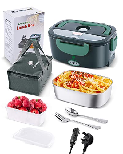 Andmenow 80W Faster Electric Lunch Box Update Home Office Truck Car Food Warmer Portable Food Heater with 304 Stainless Steel Container Spoon & Fork and Carry Bag (GreyGreen)