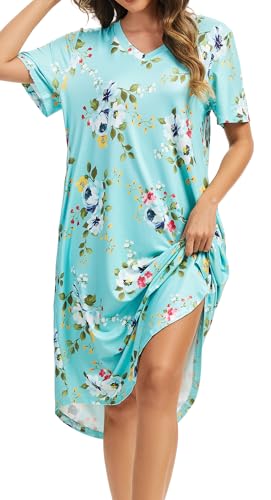 Image of Kabento Nightgowns for Women Cotton Short Sleeve Long Night Gowns with Pockets