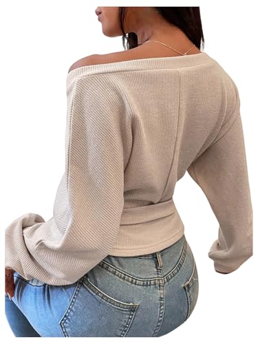 SweatyRocks Women's Wrap Off Shoulder Tops Sexy Tie Waist Long Sleeve Crop Knit V Neck Top Outfits3