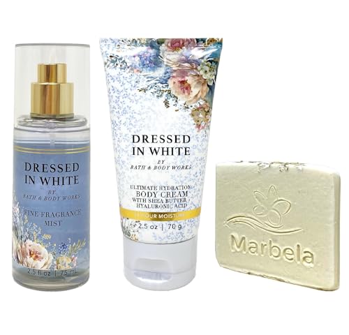 Bath & Body Works Dressed In White - Fine Fragrance Mist And Ultimate Hydration Body Cream with Natural Oats Soap Sample - Travel size