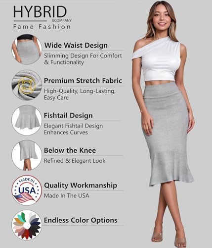 Image of HyBrid & Company Womens Premium Nylon Ponte Stretch Office Fishtail Pencil Skirt High Waist Made in The USA Below Knee