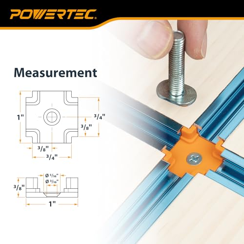 Image of POWERTEC T-Track 4-Way Intersection, Drop-in Connector for 3 /4 inch x 3 /8 inch Grooves, Compatible with 1 /4 inch & 5 /16 inch T-Bolts, Modular T-Track System for Jigs, Router Tables, 8PK (72355)