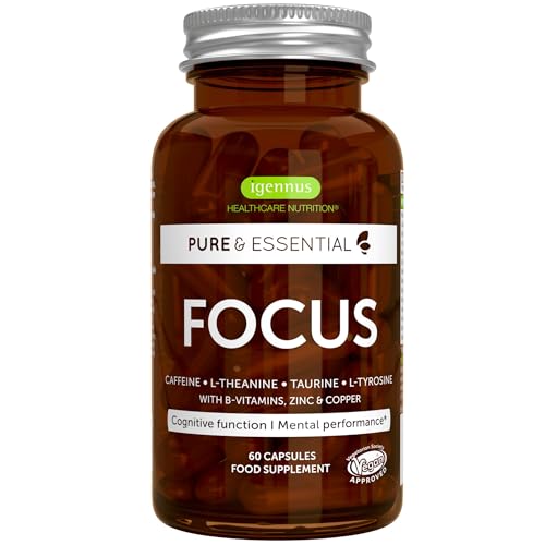 Igennus Focus - Nootropic Brain Supplement for Concentration with Methylated B-Vitamins, Taurine, L-Tyrosine, L-Theanine & 200mg Caffeine, Zinc and Copper, 60 Capsules