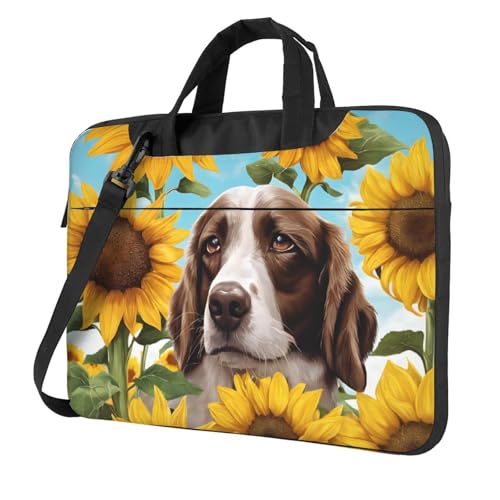 Sac ordinateur 15.6 antichoc mince noir motif chien et tournesols