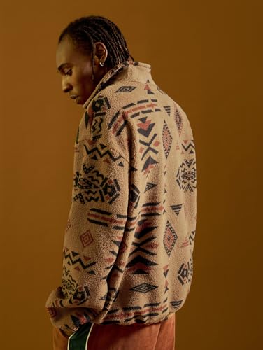 Image of ZAFUL Men 1 /4 Zipper Ethnic Aztec Fleece Unisex Winter Sweatshirt Tops 2026 | Funnel Neck Fluffy Polar Fleece Faux Sherpa Soft Thermal Pullover Kangaroo Pocket Jacket Hoodie Tops