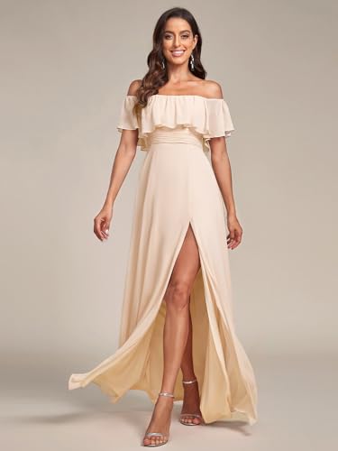 Image of Ever-Pretty Women's Summer Off The Shoulder Flowy Chiffon Formal Wedding Guest Dresses Maxi Side Split Beach Bridesmaid Dress