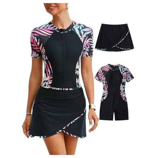 SHEKINI Frauen Two Piece Athletic Short Sleeves Surfen Reißverschluss Boyleg One Piece Rash Guard Badeanzüge und Swim Rock (XL, Schwarzer Druck)