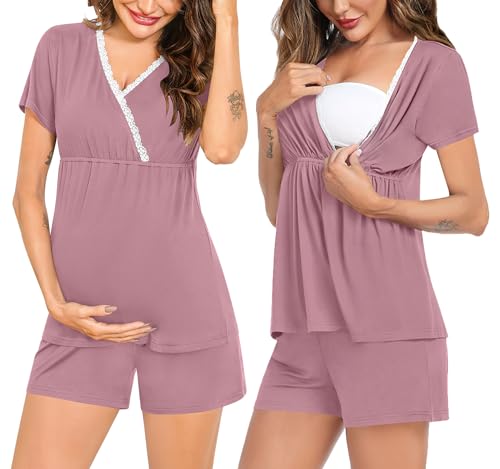 Image of SWOMOG Maternity Pajamas Set Nursing Pajamas for Women Breastfeeding Short Sleeve Top & Shorts Pregnancy Pjs Nursing Pjs Postpartum Nightwear Maternity Pjs After Birth Pajamas, XX-Large, Taro Purple