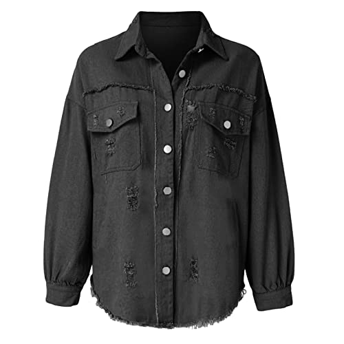 Jean Jacket Women 2024 Trendy Classic Lapel Button Down Up Frayed Hem Shacket Long Sleeve Distresse Trucker Coats2