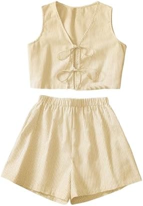 SHENHE Women's Y2k Summer 2 Piece Outfits Striped Tie Front Tank ...