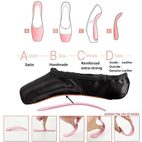 Nexete Professional Vanassa Ballet Pointe Shoes Satin Dance Slipper Flats with Toe Pad & Ribbon,Leather Sole,Resilient Shank Able to Reach Full Pointe for Girl Women3