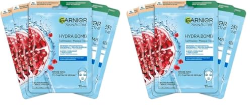 Garnier Tuchmaskenset Granatapfel fürs Gesicht bei trockener Haut, Revitalisierend und feuchtigkeitsspendend, Mit Hyaluronsäure und Granatapfelextrakt, SkinActive, Hydra Bomb, 5x 28g (Packung mit 2)