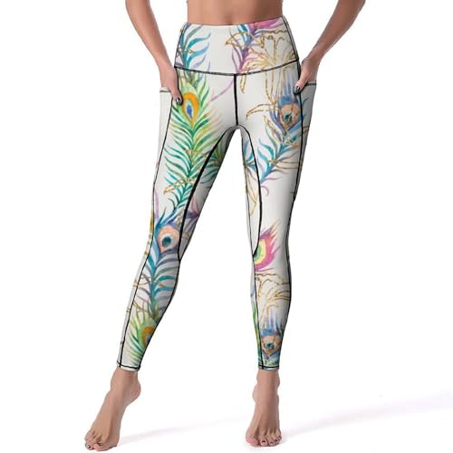 Leggings yoga taille haute galbant motif paon gym fitness