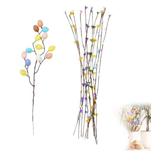 Arbre de Pâques Décoratif – 1 Branche avec Œufs Pastel (32 cm) + 12 Branches Baies Colorées (40 cm), Branches de Pâques Artificielles Flexibles pour Vase, Centre...